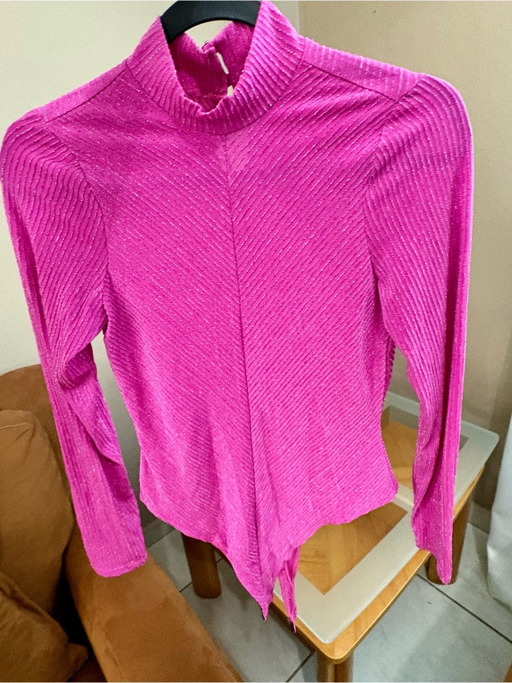 Mock Neck Bodysuit Hot Pink - Ribbed Metallic & Night Out Vibe